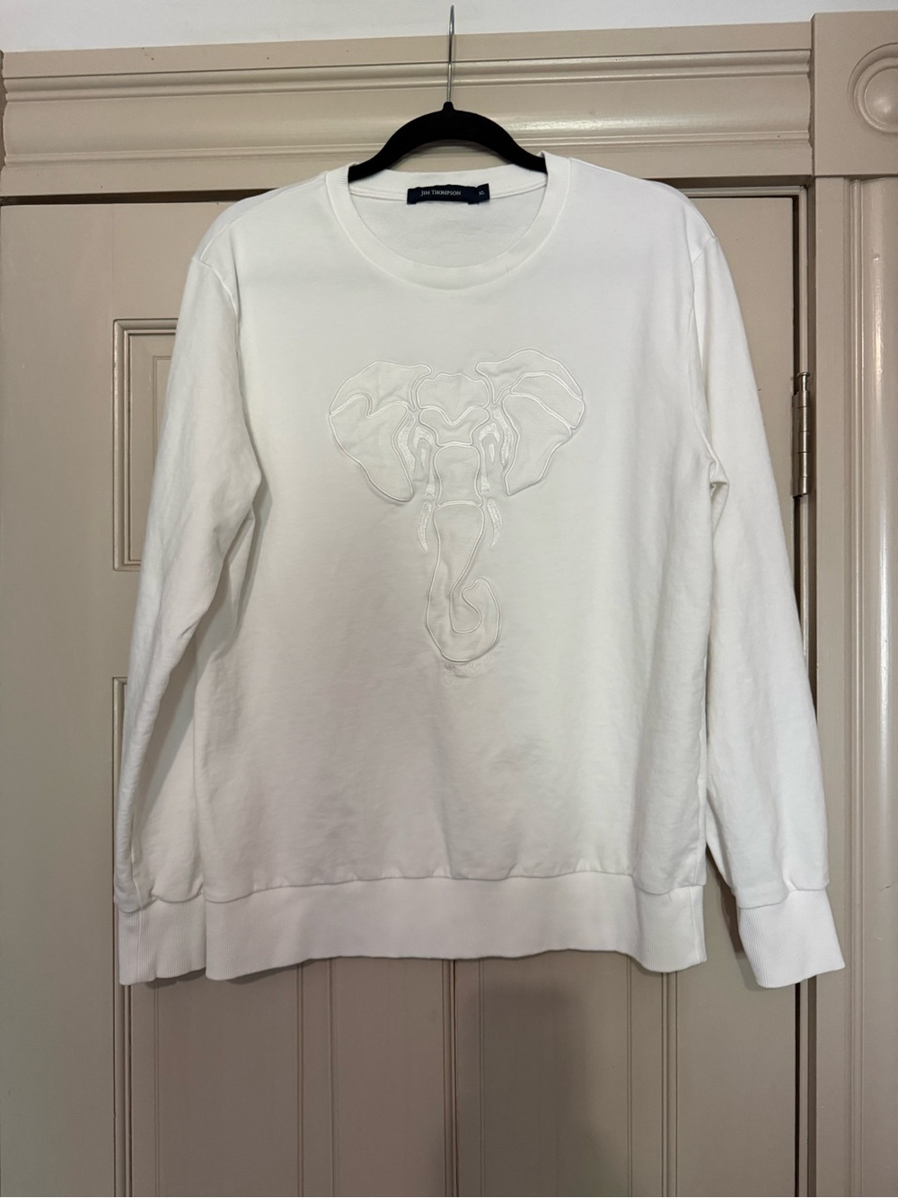 Jim Thompson White Crewneck Sweatshirt with Navy Tag